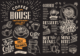 coffee restaurant menu on chalkboard. vector drink flyer for bar and cafe. design template with vint