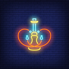 Neon icon of hookah with two heart shaped hoses on brick wall background. Nightlife or dating concept. Bright neon sign element can be used for lounge, club and cafe advertising