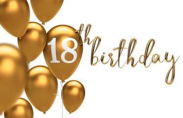 Gold Happy 18th birthday balloon greeting background. 3D Rendering