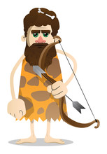 Cartoon Old Caveman With A Bow And Arrow. Vector Illustration Of A Man From The Stone Age.