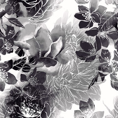 Sticker - imprints monochrome flowers and leaves mix repeat seamless pattern. digital hand drawn picture with watercolour texture.