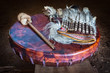 Feather headdress, ancient amerindian leather tambourine and drum drumstick. Attributes of the ancient american indian.