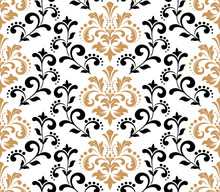 Wallpaper In The Style Of Baroque. Seamless Vector Background. White And Black, Gold Floral Ornament. Graphic Pattern For Fabric, Wallpaper, Packaging. Ornate Damask Flower Ornament
