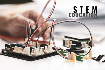 STEM Education for Learning, Electronic board for be program by robotics electronics in laboratory in school. Concept of Mathematics, engineering, science, technology for innovation in classroom