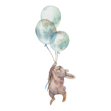 Watercolor Bunny With Air Balloons Illustration. Hand Painted Rabbit Fly. Cute Animal Isolated On White Background. Cartoon Hare In Boho Chic Style