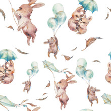 Watercolor Cartoon Texture With Flying Rabbits. Baby Seamless Pattern Design. Bunny Wallpaper With Umbrella, Air Balloons, Feathers, Kite In Sky.