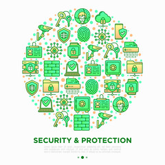 Wall Mural - security and protection concept in circle with thin line icons: mobile security, fingerprint, badge,