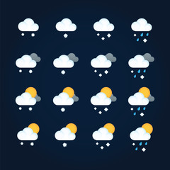Wall Mural - Weather icons sun and clouds in summer sky, rain with snow in winter sky. Flat vector icon weather and meteorology for mobile and web application.