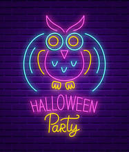Happy Halloween Party Neon Sign. Bright Light Banner