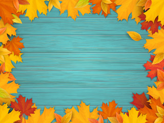 Wall Mural - White frame decorated of fallen maple leaves. Autumn foliage on the background of a wooden vintage table surface. Realistic vector illustration.