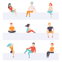 Diverse People Sitting On Different Positions Set, Young Faceless Guys And Girls In Casual Clothes Sitting Down Vector Illustrations On A White Background