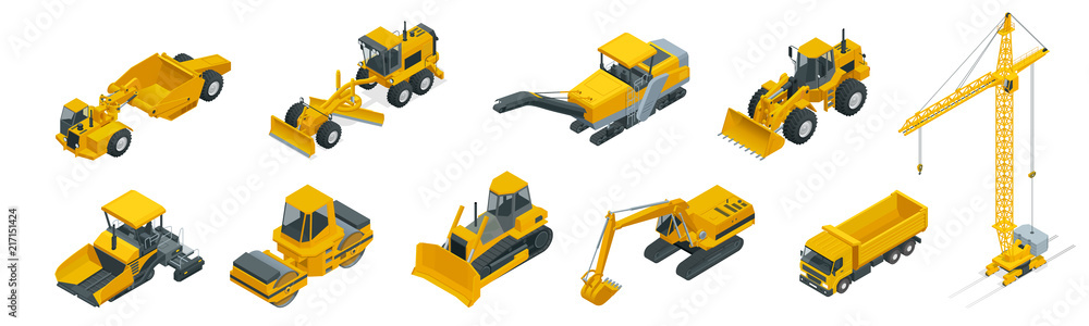 Isometric icons set of construction equipment and machinery with trucks crane and bulldozer. Isolated vector Building machines illustration on white - obrazy, fototapety, plakaty 