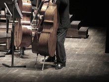 Musicians Playing Cello Music Instruments On Stage In Concert Hall