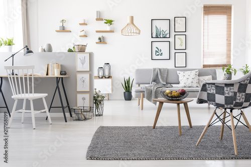 Checkered Stylish Chair On A Gray Rug In A Spacious
