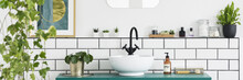 Green Cabinet With Fresh Plant, Bottle With Soap And White Sink With Black Tap In Real Photo Of Bright Bathroom Interior