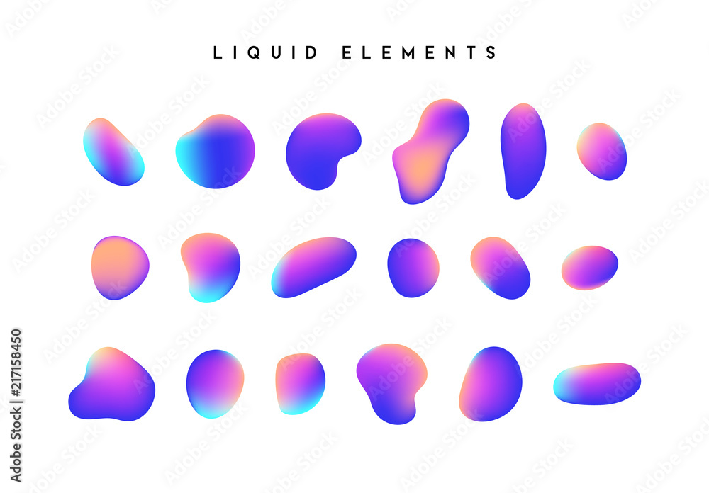 Gradient iridescent shapes. Set isolated liquid elements of holographic chameleon design palette of shimmering colors. Modern abstract pattern, bright colorful paint splash fluid. - obrazy, fototapety, plakaty 