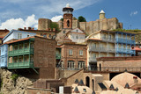 Georgia, Traditional houses with wooden carved balconies in the Old Town of Tbilisi.