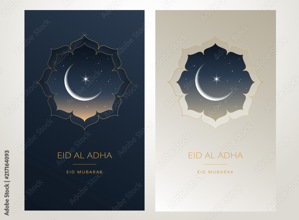 Eid Al Adha Mubarak gold greeting card vector design - islamic beautiful background with moon and golden text - Eid Al Adha, Eid Mubarak. Islamic illustration for muslim community - obrazy, fototapety, plakaty 