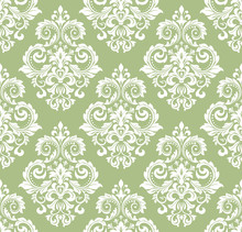 Wallpaper In The Style Of Baroque. Seamless Vector Background. White And Green Floral Ornament. Graphic Pattern For Fabric, Wallpaper, Packaging. Ornate Damask Flower Ornament