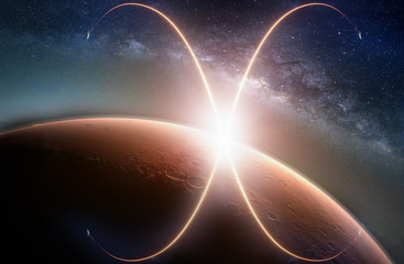 Wall Mural - landscape with milky way galaxy. sunrise and planet view from space with milky way galaxy. (elements