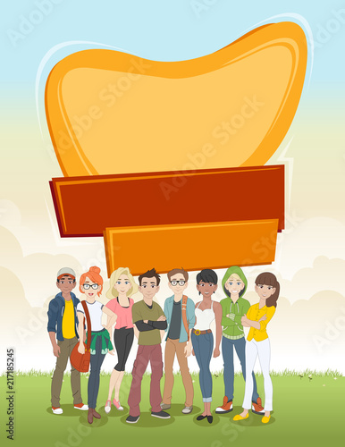 Text box frame background with cartoon young people. Teenagers.