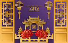 Happy Chinese New Year 2019 Zodiac Sign With Gold Paper Cut Art And Craft Style On Color Background.(Chinese Translation : Year Of The Pig)