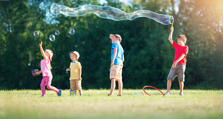 Wall Mural - Happy children having fun in grass on sunny summer evening