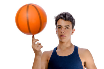 Wall Mural - Teen sportsman with sportswear playing basketball. White background.