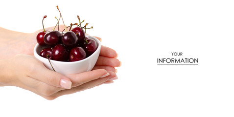 Wall Mural - Cherries in a bowl in hands pattern on white background isolation