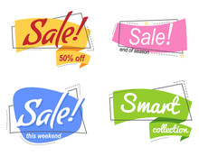 Set Flat Linear Colored Promotion Banners. Flat Bubble Shaped Sticker, Label, Ribbon. Vector Illustration Linear Style. Text - Sale End Of Season, 50 Off, Smart Collection, Sale This Weekend.