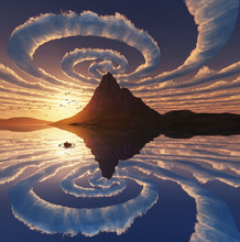 Reflection Of Spiral Clouds Over Mountain Peak