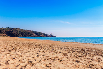 Wall Mural - Panoramic sea beach landscape near Gaeta, Lazio, Italy. Nice sand beach and clear blue water. Famous tourist destination in Riviera de Ulisse. Bright sunny light and sunset.
