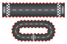 Racing Track, Top View Of Asphalt Roads Set, Kart Race With Start And Finish Line. Vector Illustration.