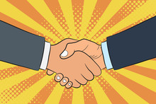Handshake Illustration In Pop Art Style. Businessmans Shake Hands. Partnership And Teamwork Concept. Vector.