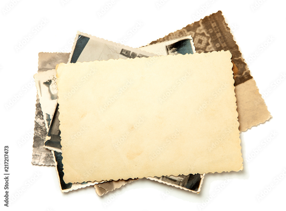 Stack old photos isolated on white background. Mock-up blank paper. Postcard rumpled and dirty vintage - obrazy, fototapety, plakaty 
