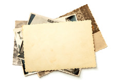 Stack Old Photos Isolated On White Background. Mock-up Blank Paper. Postcard Rumpled And Dirty Vintage