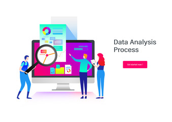 Wall Mural - data analysis. business people. flat cartoon miniature illustration vector graphic on white backgrou