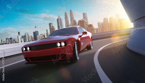 Fotografía Front angle view of a generic red brandless American muscle car in a city street road with motion blur