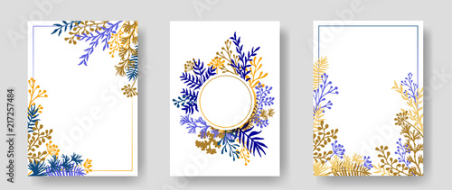 Vector invitation cards with herbal twigs and branches wreath and corners bor...