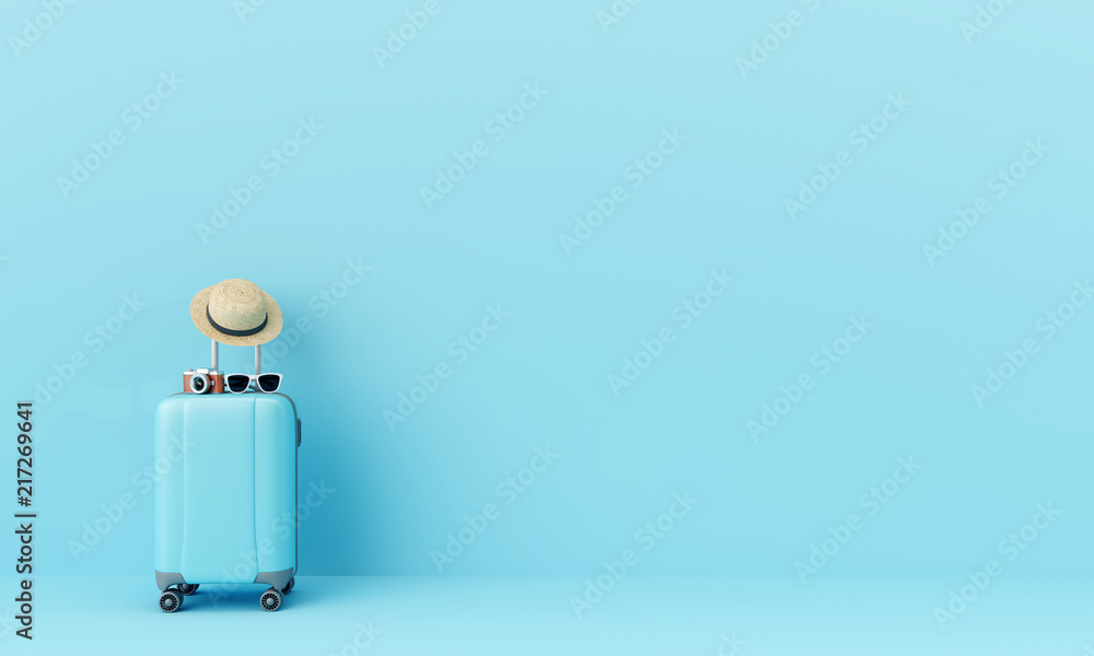 Blue suitcase with sun glasses, hat and camera on pastel blue background. travel concept minimal . 3d rendering  - obrazy, fototapety, plakaty 