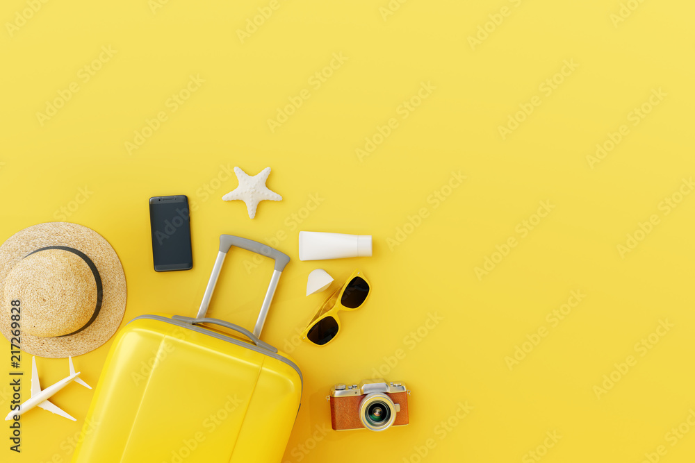 Flat lay yellow suitcase with traveler accessories on yellow background. travel concept. 3d render - obrazy, fototapety, plakaty 