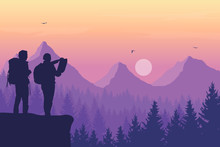 Two Tourists, Man And Woman With Backpacks Standing And Looking In A Map On Rock Over Mountain Landscape With Coniferous Forest Under Purple Sky With Birds And Sun