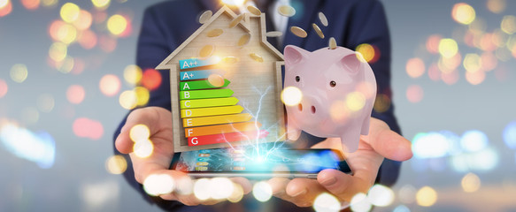 Wall Mural - businessman saving money with good energy chart rating 3d rendering