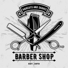 Barber Shop Vintage Label, Badge, Or Emblem With Scissors, Hair Clipper And Razors On Gray Background. Haircuts And Shaves. Vector Illustration