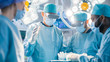 Surgeons Wearing Augmented Reality Glasses Perform State of the Art Augmented Reality Surgery in High Tech Hospital. Doctors and Assistants Working in Operating Room.