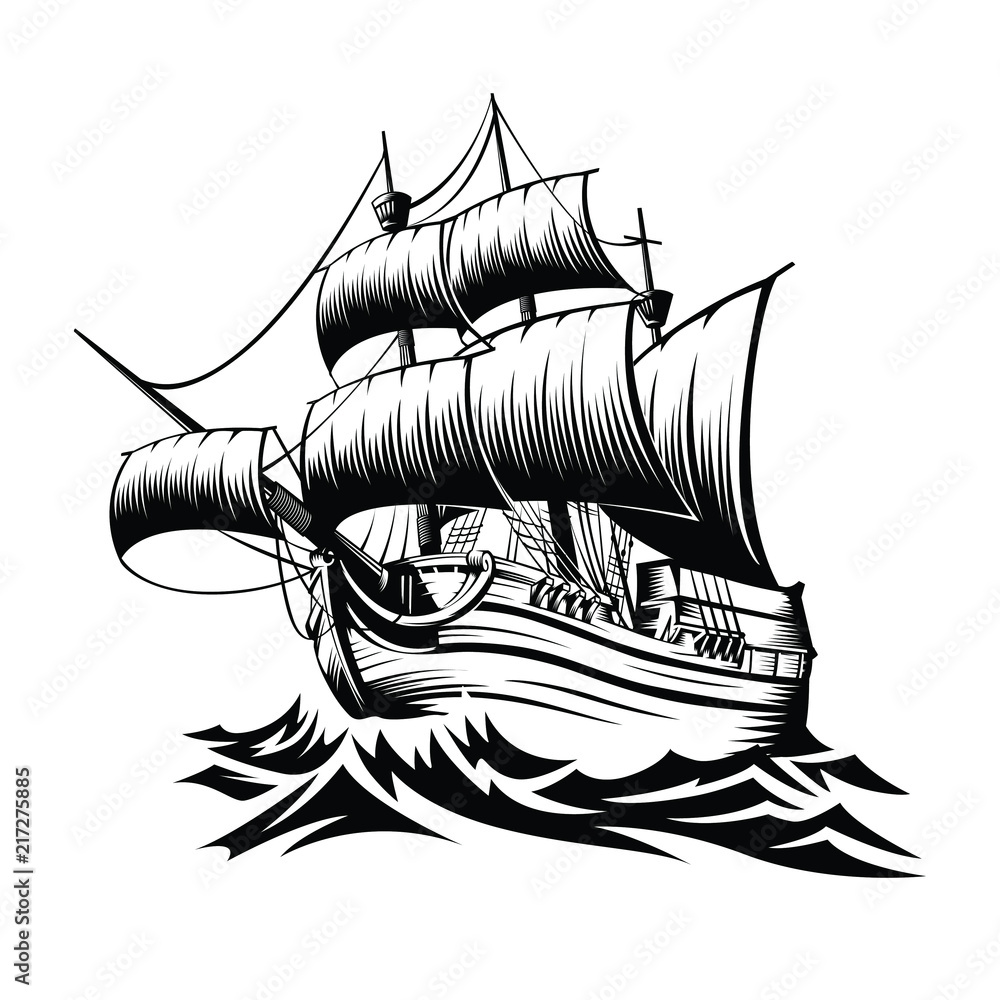 Illustration old ship with waves in style retro design - obrazy, fototapety, plakaty 
