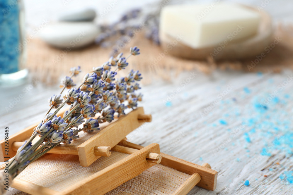Wooden stands for spa and lavender on table