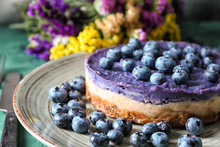 Delicious Cheesecake With Blueberries On Plate, Closeup