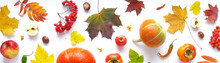 Banner Of Autumn Yellow, Orange And Red Maple Leaves, Vegetables And Fruits Isolated On White Background, Top View, Flat Layout.