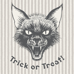 Trick or treat vintage Halloween illustration or poster. Scary black cat's head with open mouth and bared fangs. Ink drawing with lettering. Grinning cat's muzzle on striped brush drawn background. 